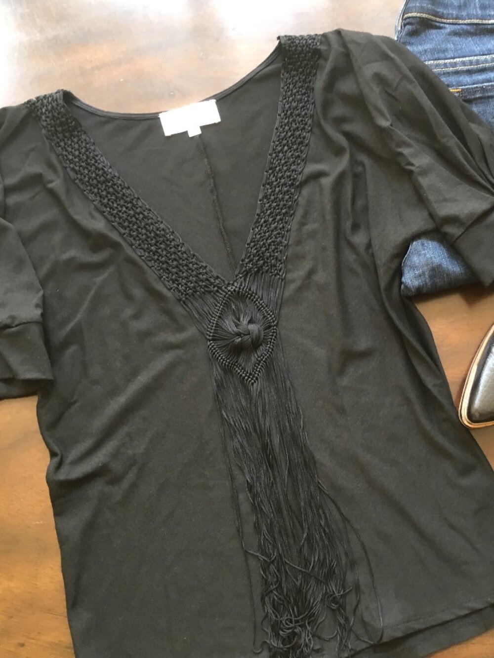 Corey Lynn Calter Macrame Fringe Knot Dressy Basic T Shirt Western Anthro Small